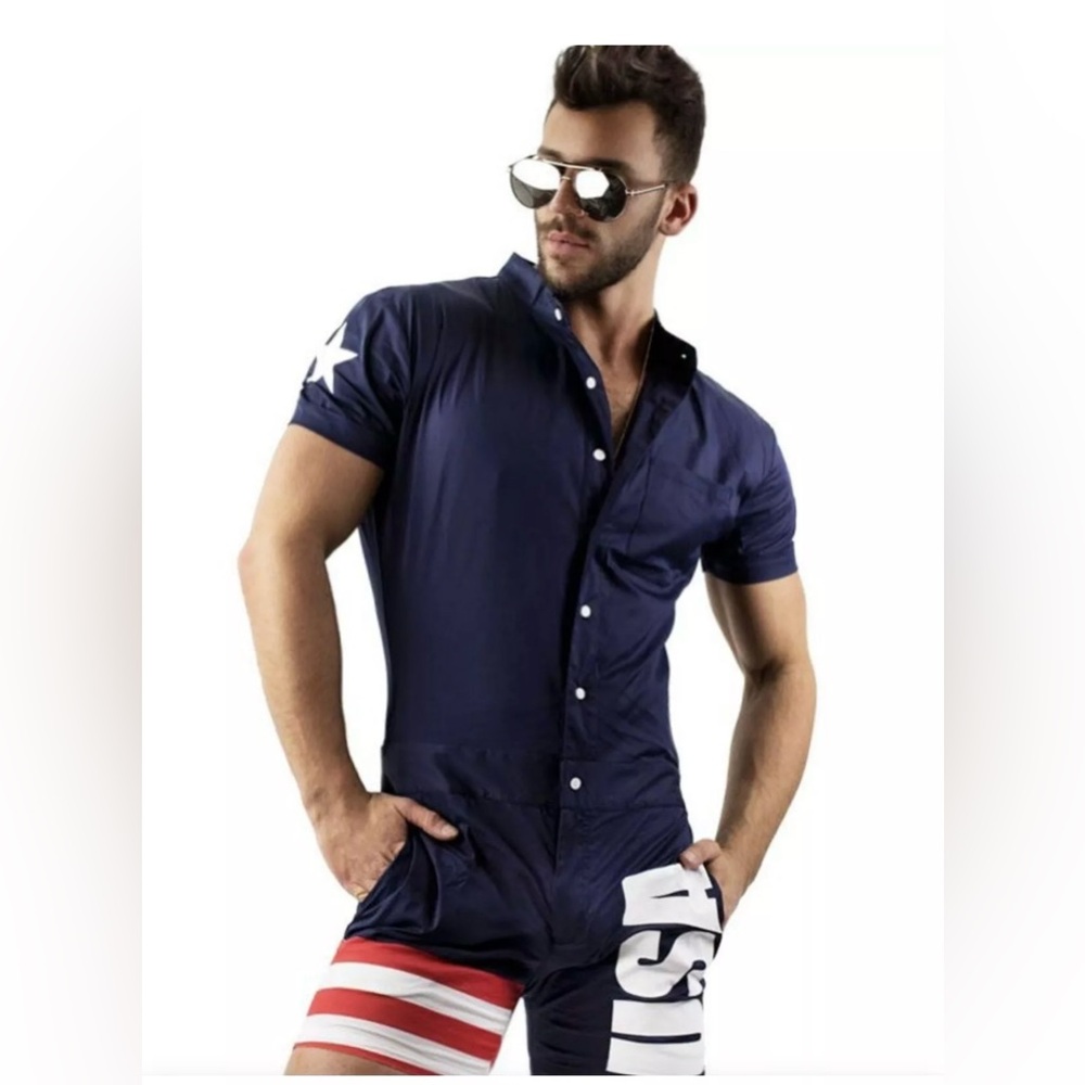 Glimms Mens USA Romper USA Short Sleeve Jumpsuit Size Medium  Fourth of July